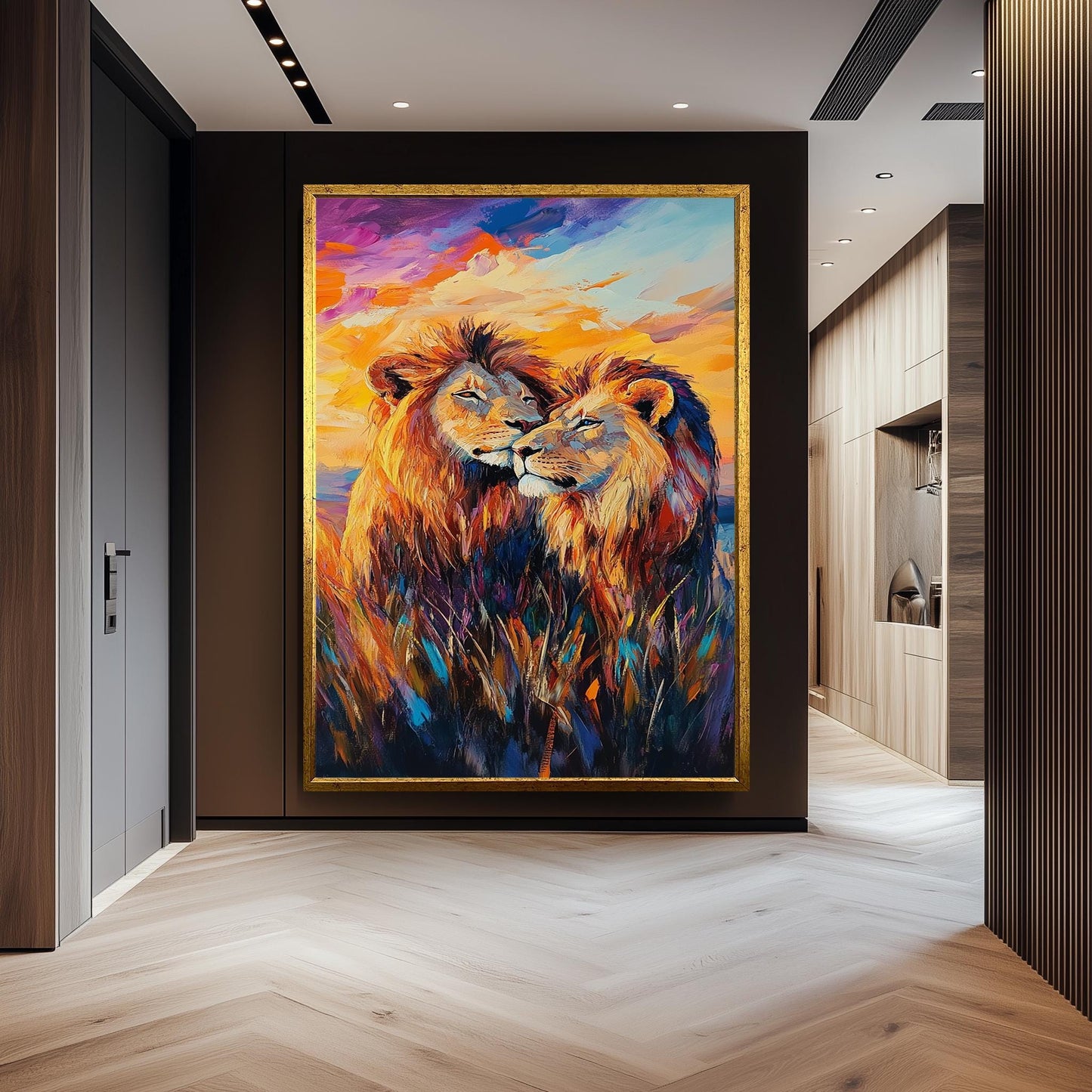 Lion Couple Canvas Art: Colorful Surreal Safari Painting