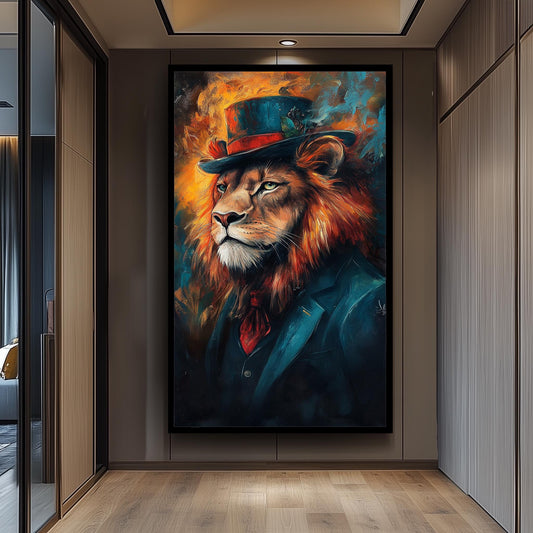 Lion Portrait Canvas Art: Surreal Animal in Suit & Top Hat