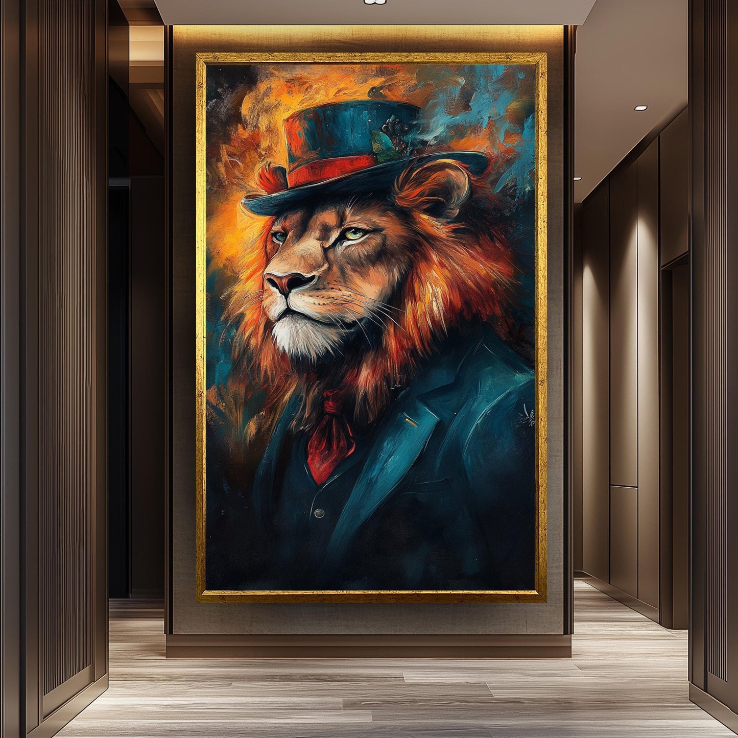 Lion Portrait Canvas Art: Surreal Animal in Suit & Top Hat