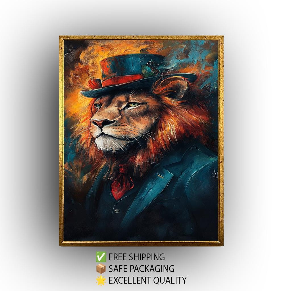 Lion Portrait Canvas Art: Surreal Animal in Suit & Top Hat