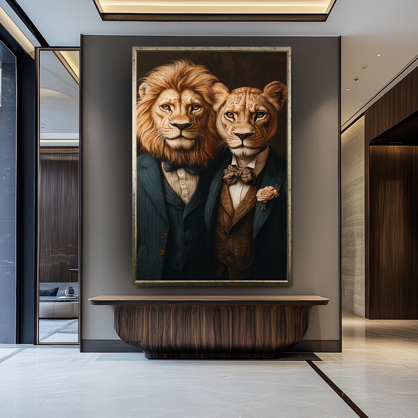 Elegant Surreal Lion Couple Wall Art  Sophisticated Animal Portrait in Vintage Suits and Bow Ties  Classy Canvas for Stylish Spaces