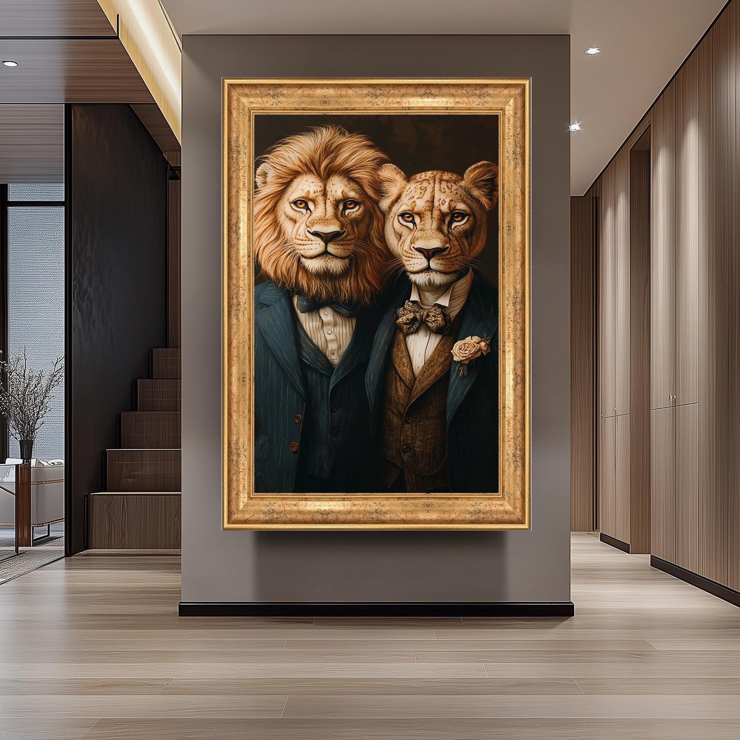 Elegant Surreal Lion Couple Wall Art  Sophisticated Animal Portrait in Vintage Suits and Bow Ties  Classy Canvas for Stylish Spaces