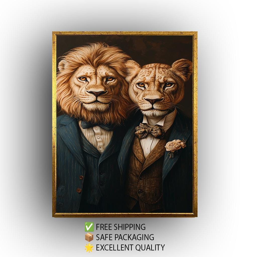 Elegant Surreal Lion Couple Wall Art  Sophisticated Animal Portrait in Vintage Suits and Bow Ties  Classy Canvas for Stylish Spaces