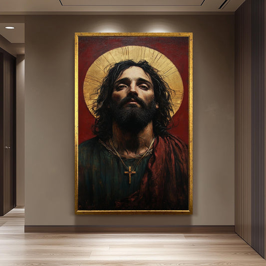 Sacred Jesus Portrait Canvas: Surreal Religious Art with Golden Halo