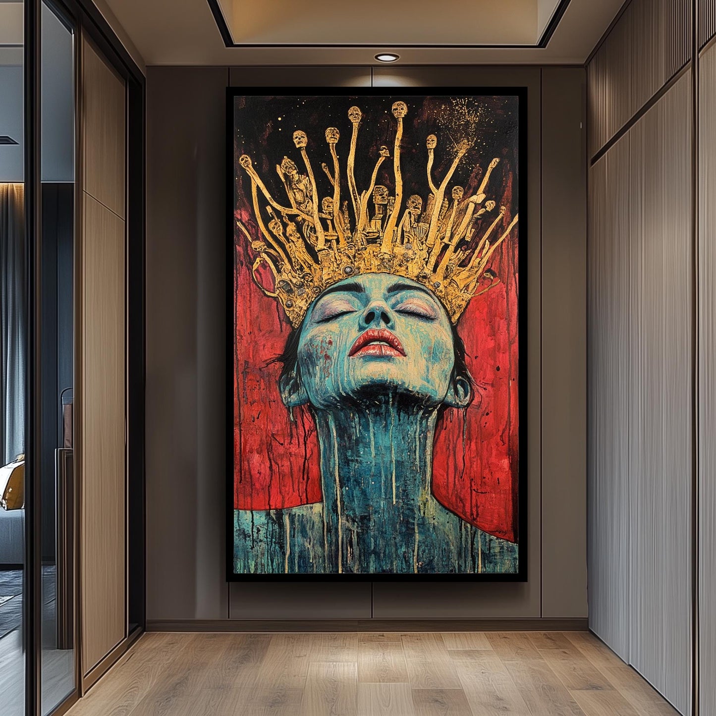 Surreal Queen Portrait Wall Art Dark Fantasy Woman Painting Gold Crown Skull Gothic Art Red Black Decor Unique Emotional Artwork Queen Art