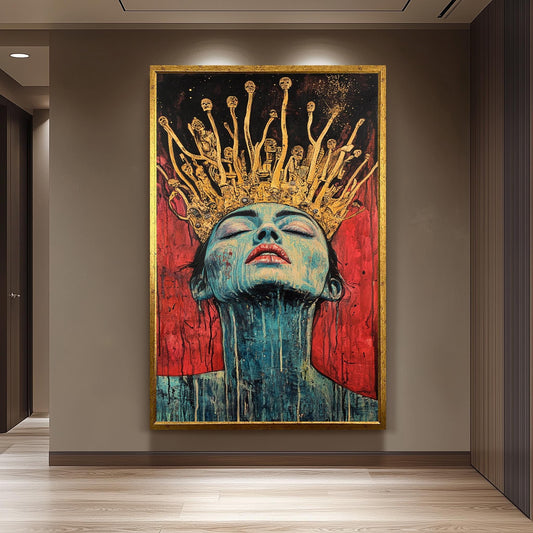 Surreal Queen Portrait Wall Art Dark Fantasy Woman Painting Gold Crown Skull Gothic Art Red Black Decor Unique Emotional Artwork Queen Art