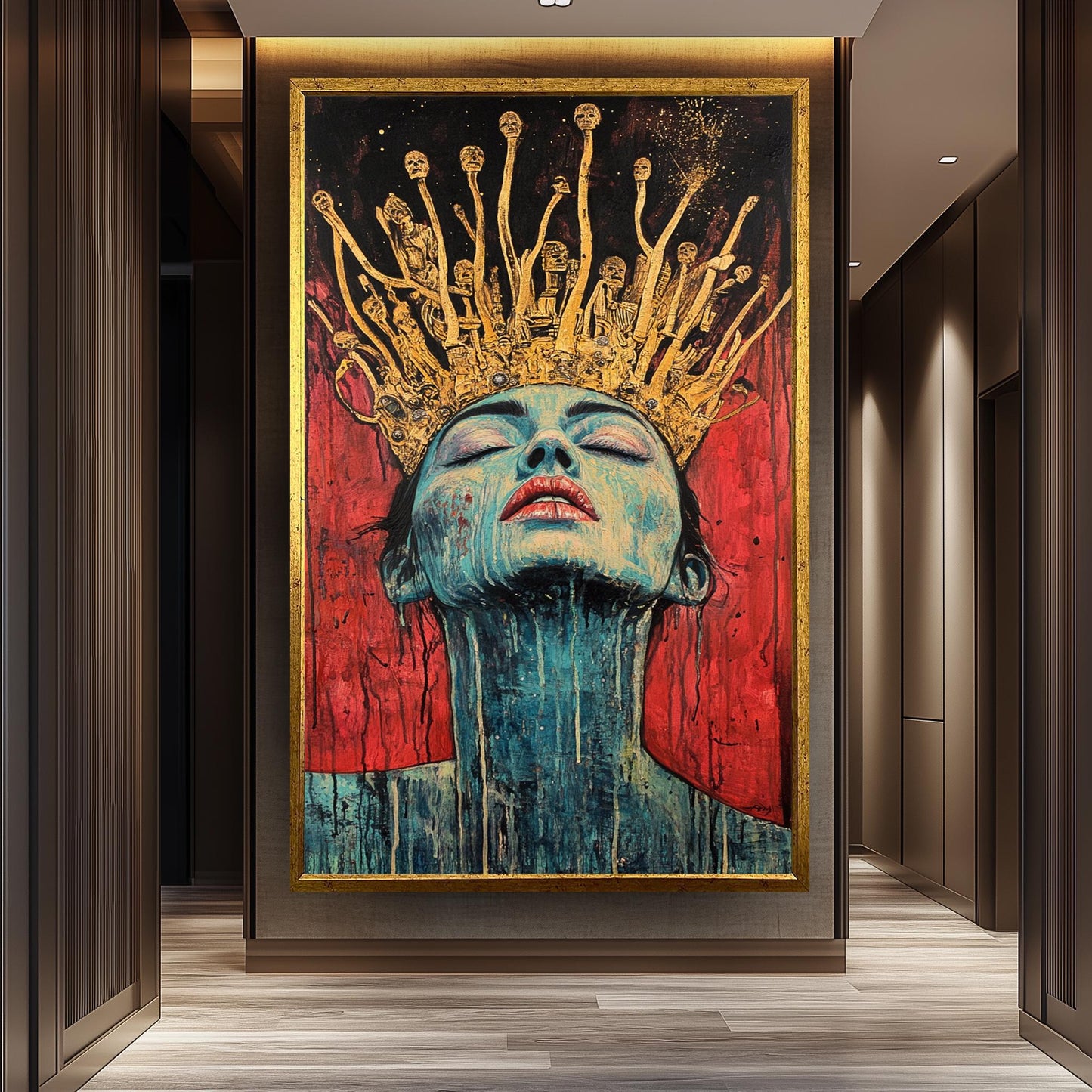 Surreal Queen Portrait Wall Art Dark Fantasy Woman Painting Gold Crown Skull Gothic Art Red Black Decor Unique Emotional Artwork Queen Art