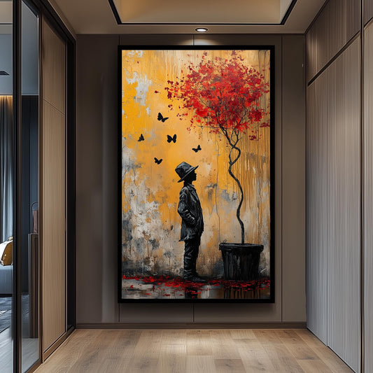 Surreal Banksy Style Street Art Print Boy and Red Tree Painting Graffiti Wall Artwork Urban Fantasy Modern Emotional Silhouette Decor