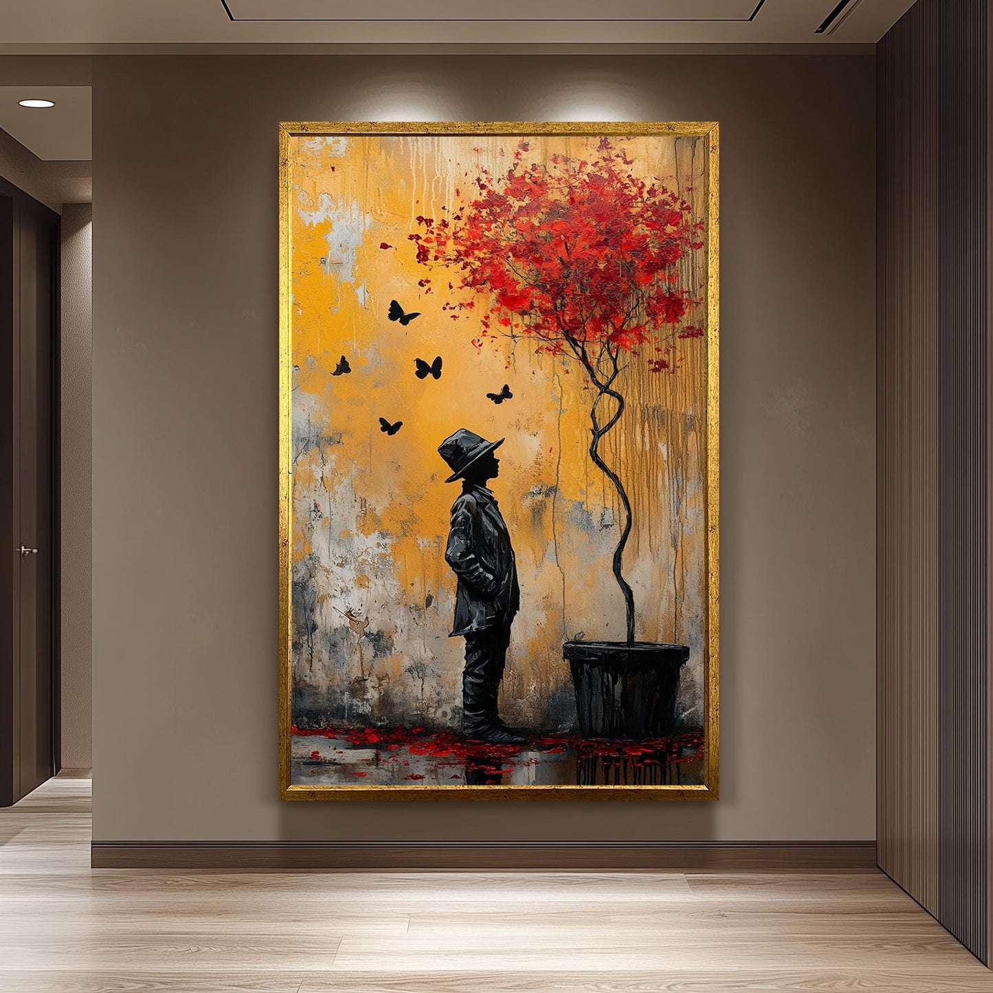 Surreal Banksy Style Street Art Print Boy and Red Tree Painting Graffiti Wall Artwork Urban Fantasy Modern Emotional Silhouette Decor