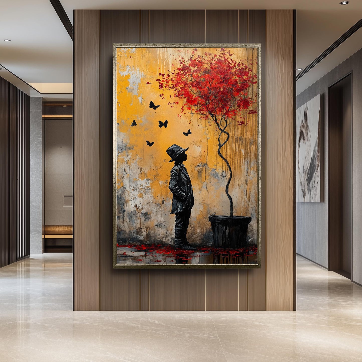 Surreal Banksy Style Street Art Print Boy and Red Tree Painting Graffiti Wall Artwork Urban Fantasy Modern Emotional Silhouette Decor