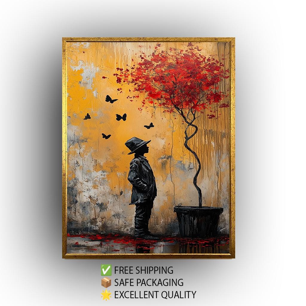 Surreal Banksy Style Street Art Print Boy and Red Tree Painting Graffiti Wall Artwork Urban Fantasy Modern Emotional Silhouette Decor