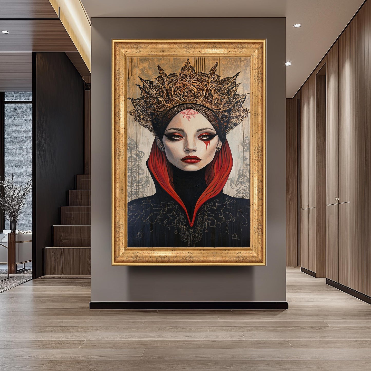 Surreal Gothic Queen Wall Art Mysterious Woman Portrait in Red and Black Crown Fantasy Painting Elegant Dark Royal Aesthetic Decor