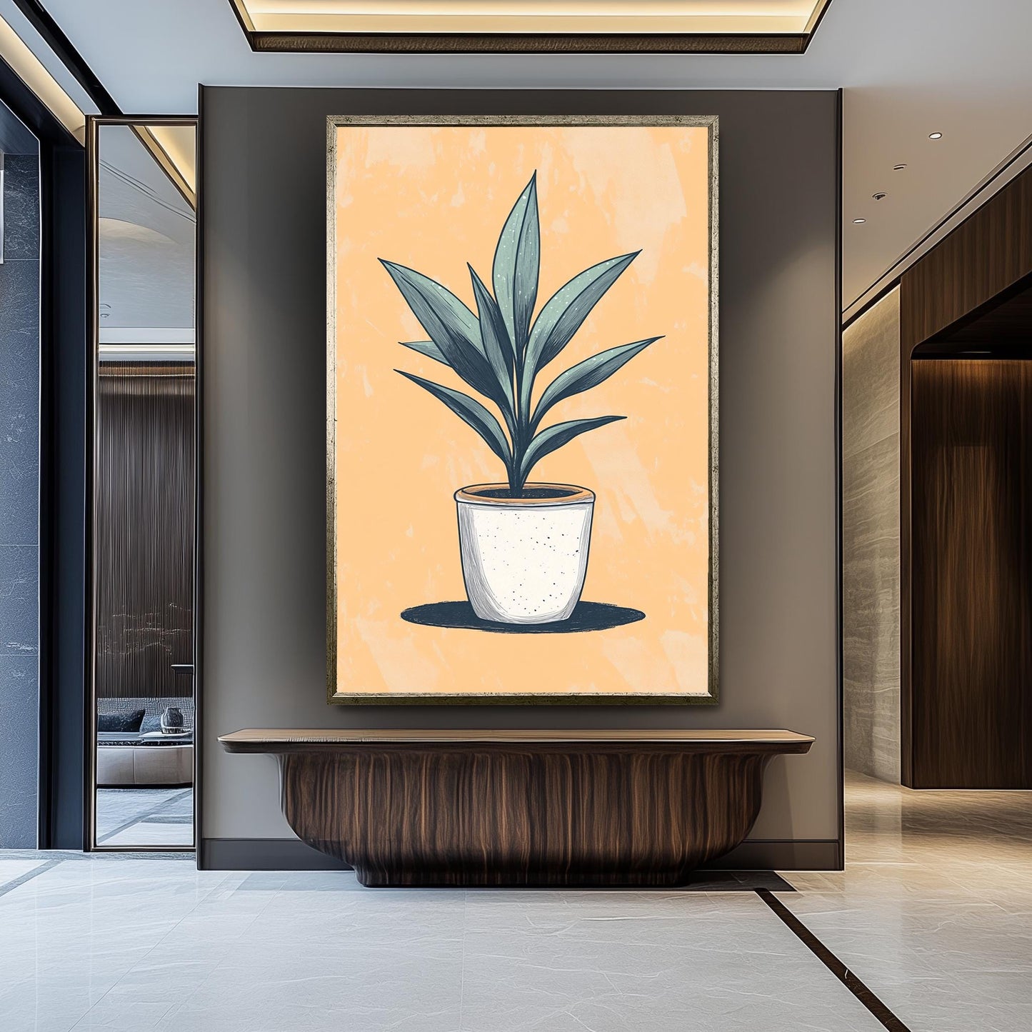 Potted Plant Wall Art: Hand-Drawn Botanical Print on Peach