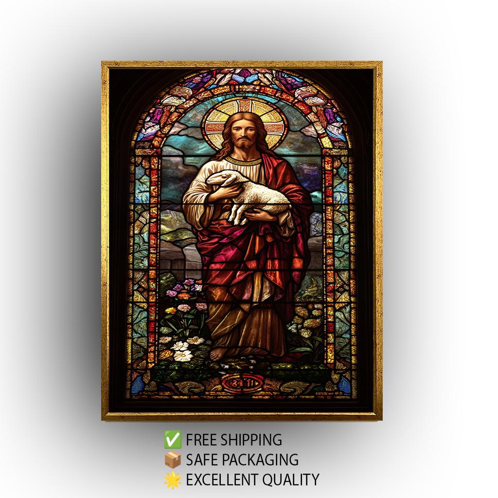 Jesus Christ Good Shepherd Stained Glass Art Print: Religious Christian Decor
