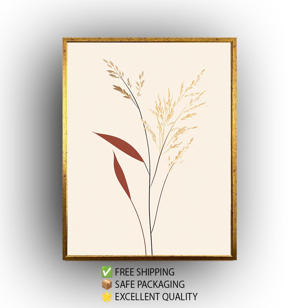 Botanical Wall Art: Hand-Drawn Dried Grass Illustration, Beige & Brown Nature Decor