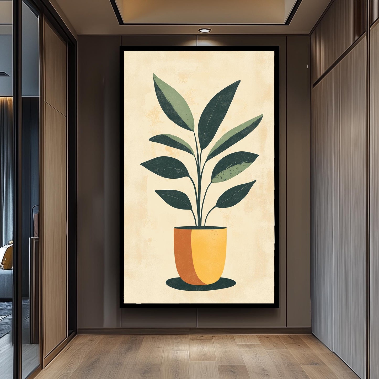 Mid Century Modern Plant Print: Green Leaf in Yellow Pot