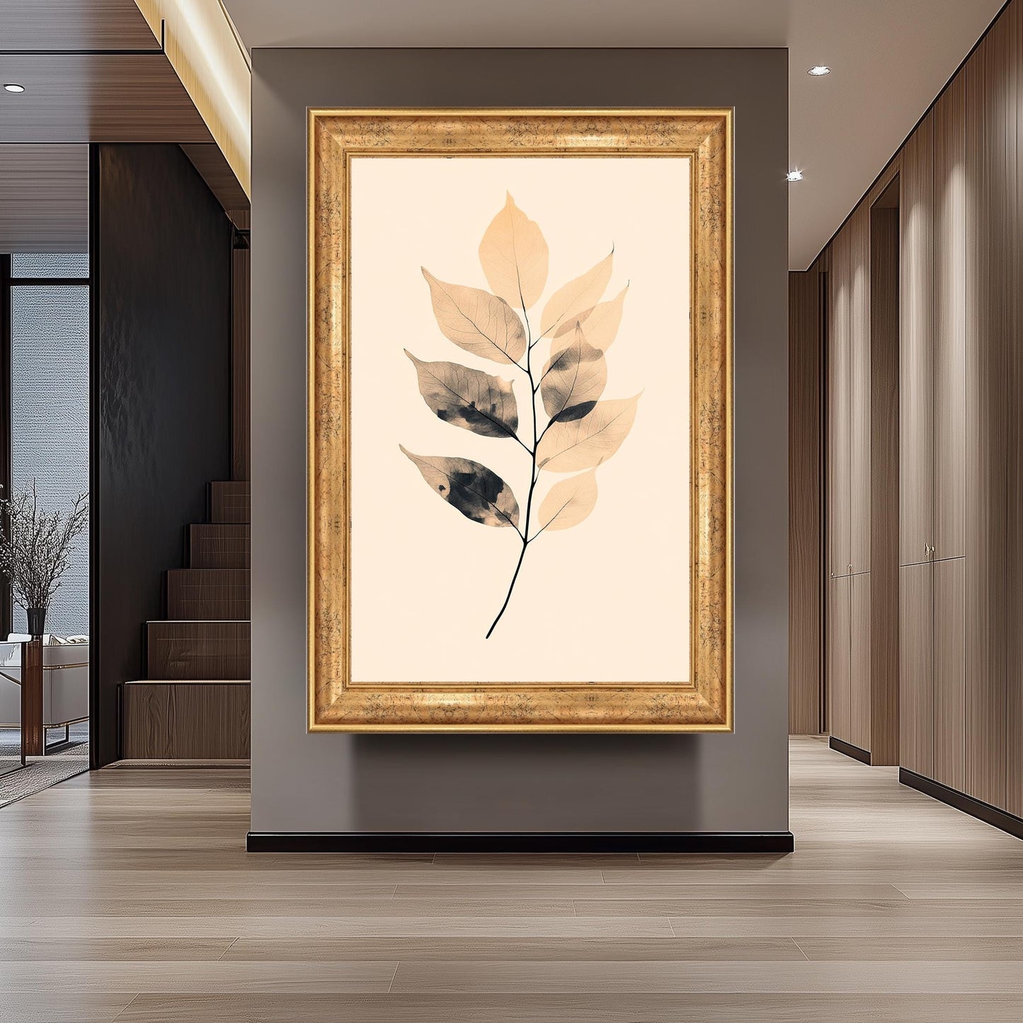 Neutral Leaf Art Print: Minimalist Tan & Black Botanical Illustration