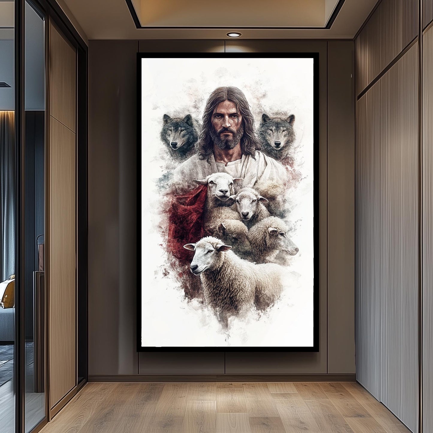 Jesus, Sheep, and Wolves Christian Art: Good Shepherd Religious Print