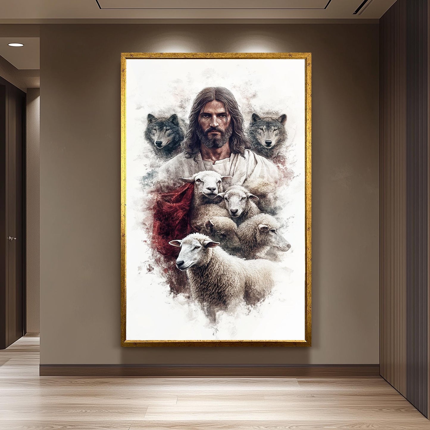 Jesus, Sheep, and Wolves Christian Art: Good Shepherd Religious Print