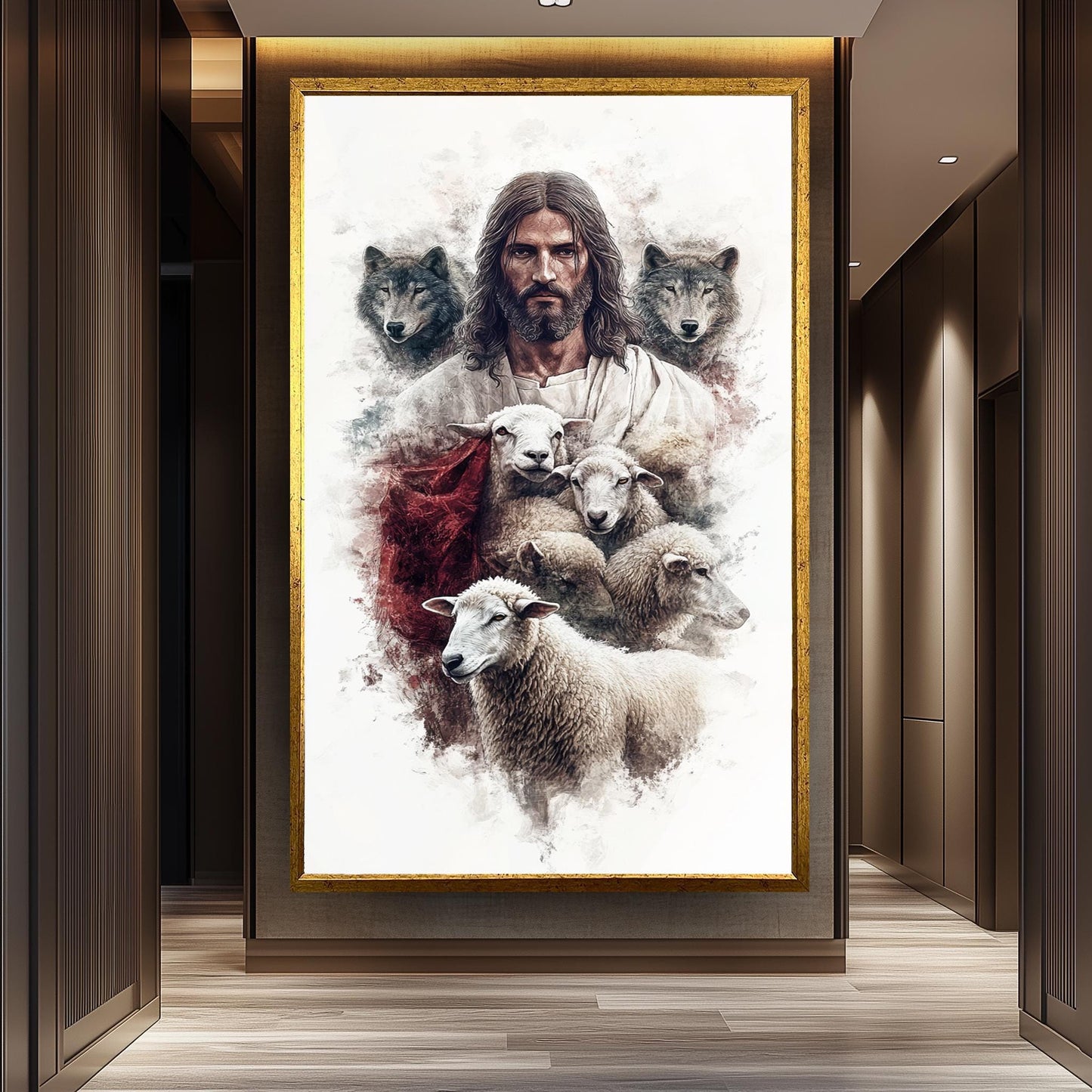 Jesus, Sheep, and Wolves Christian Art: Good Shepherd Religious Print