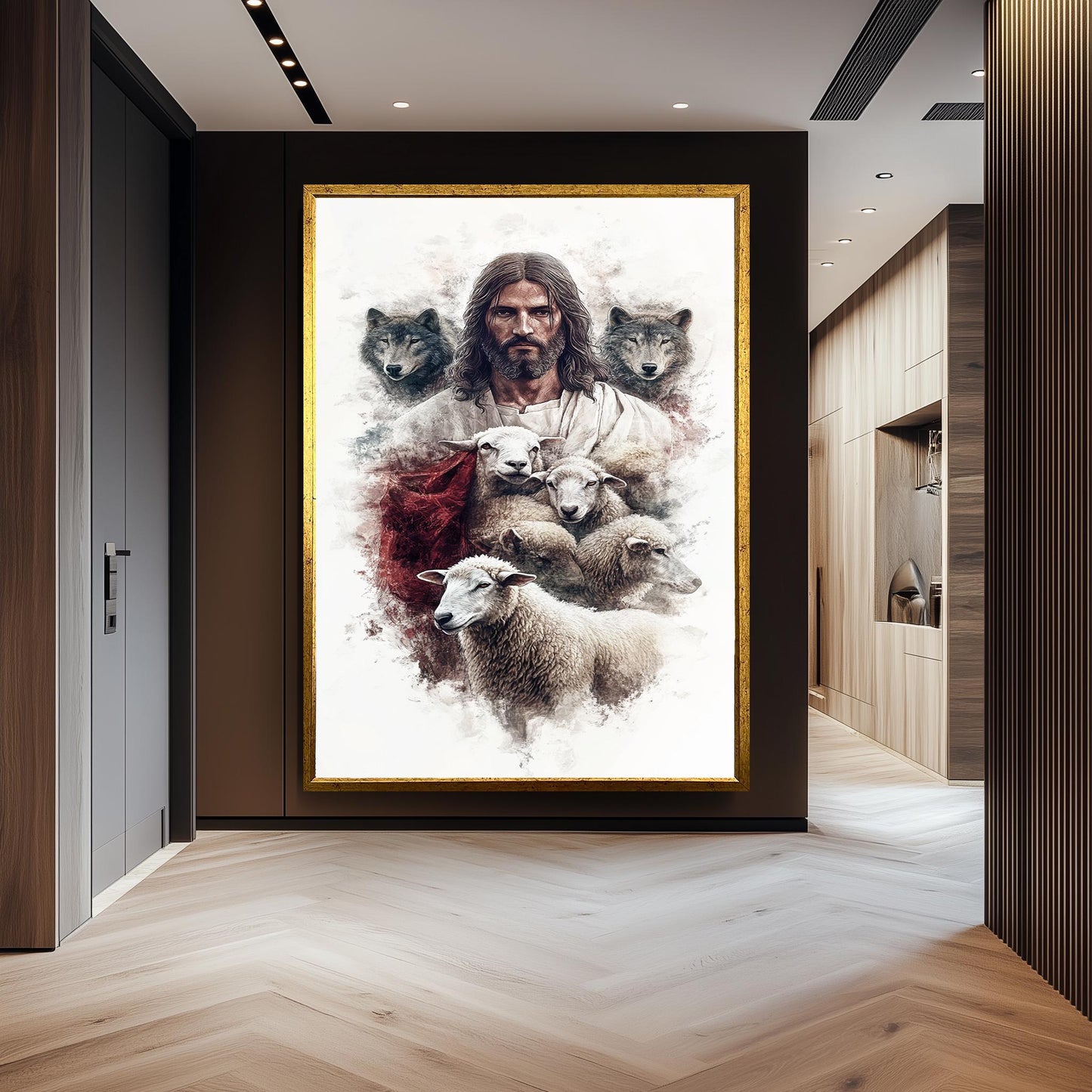 Jesus, Sheep, and Wolves Christian Art: Good Shepherd Religious Print