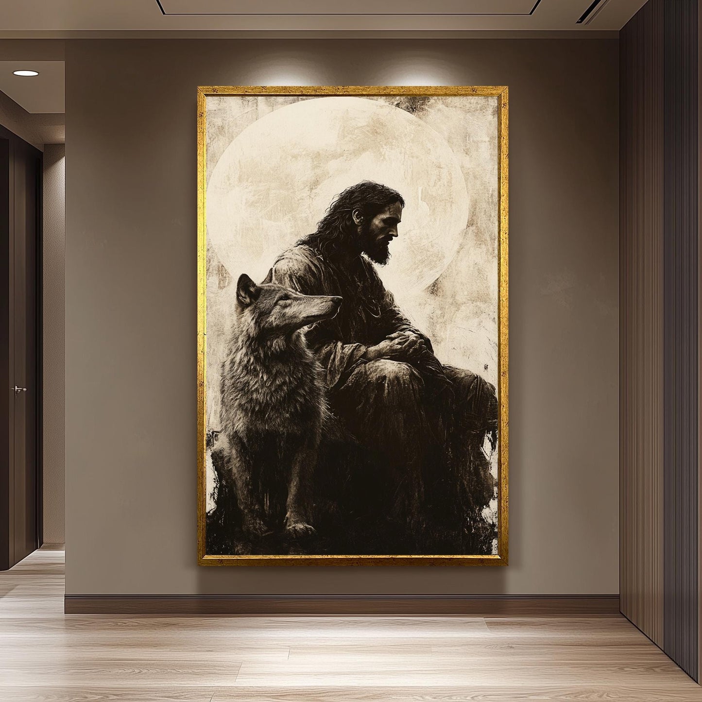 Jesus and Wolf Art Print: Monochrome Christian Symbolism