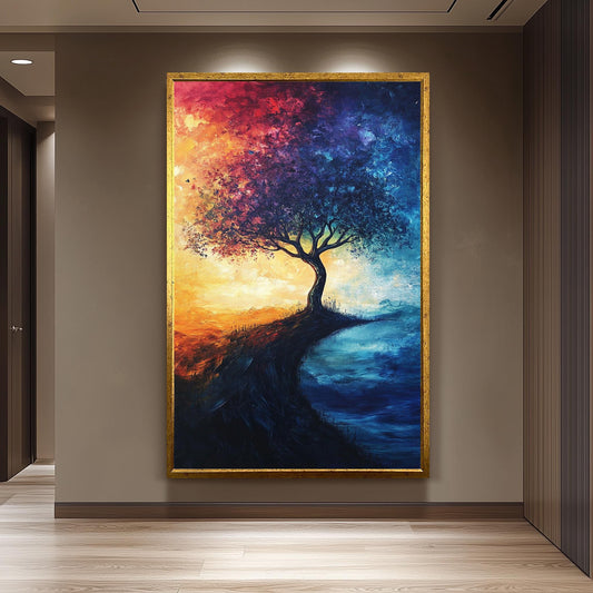 Surreal Tree Painting Wall Art with Sunset and Night Sky Contrast, Colorful Abstract Nature Canvas Print for Home or Office Decor Tree Print