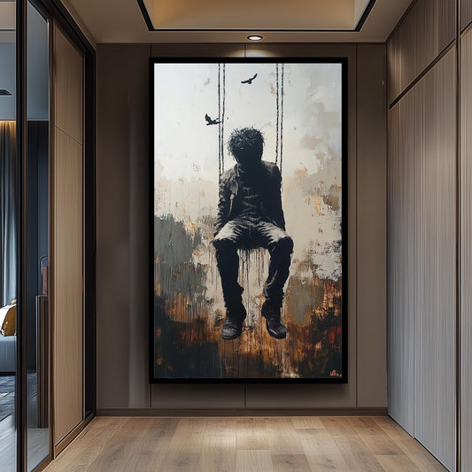 Surrealist Banksy-Style Street Art Print of a Man on Swing with Dark Abstract Mood, Urban Graffiti Inspired Modern Wall Decor Banksy Artwork