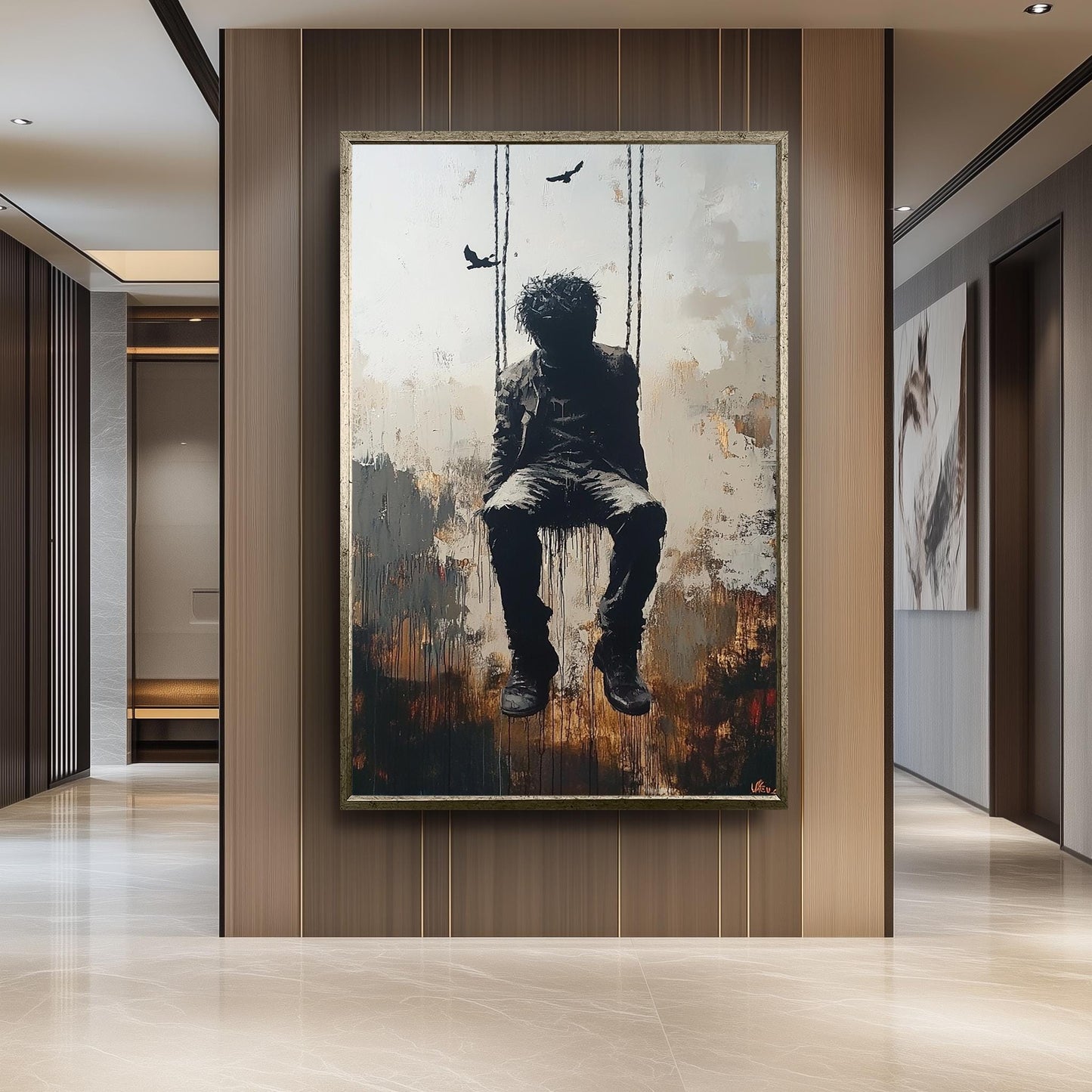 Surrealist Banksy-Style Street Art Print of a Man on Swing with Dark Abstract Mood, Urban Graffiti Inspired Modern Wall Decor Banksy Artwork