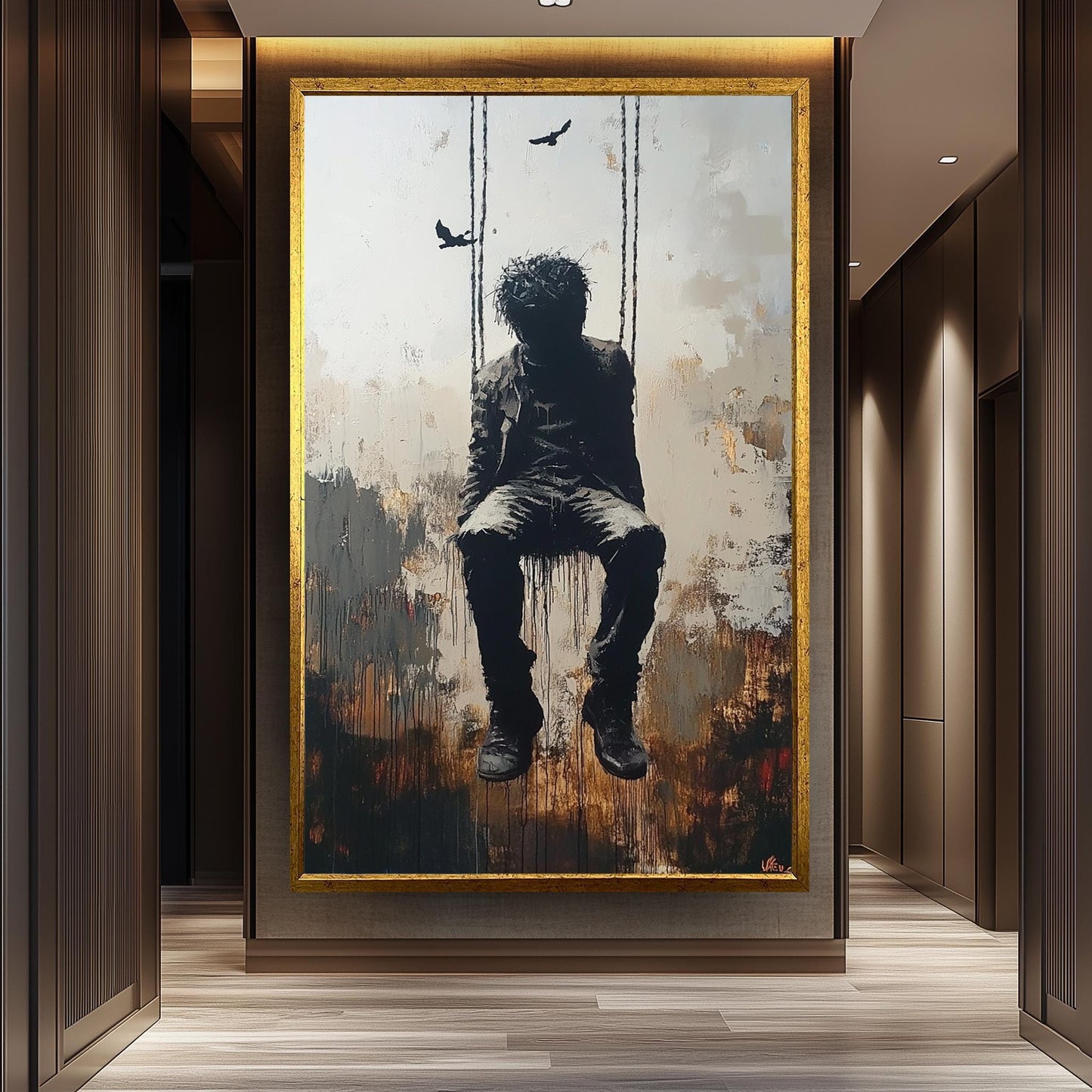 Surrealist Banksy-Style Street Art Print of a Man on Swing with Dark Abstract Mood, Urban Graffiti Inspired Modern Wall Decor Banksy Artwork