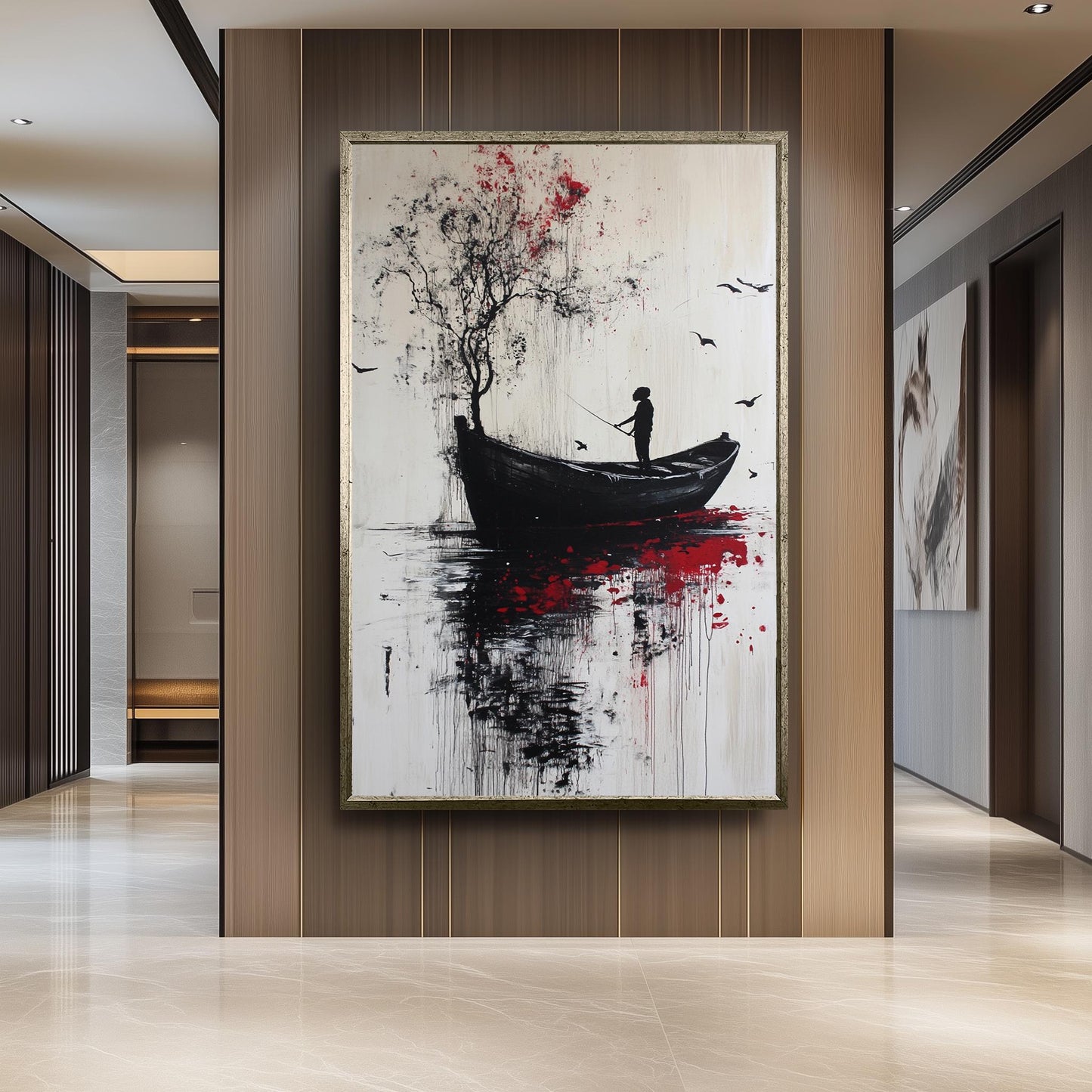 Banksy-Style Surrealist Canvas Print: Boy Fishing, Graffiti Art