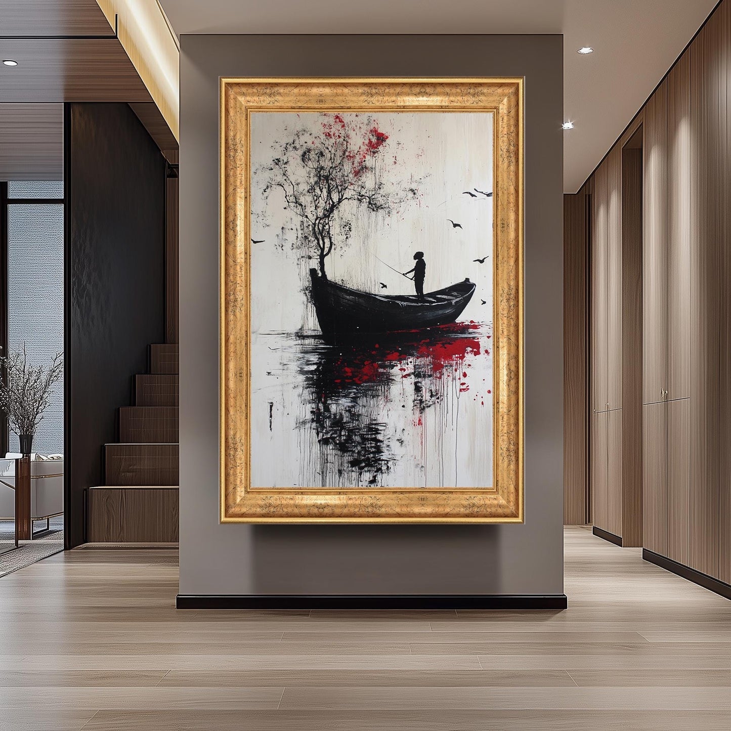 Banksy-Style Surrealist Canvas Print: Boy Fishing, Graffiti Art