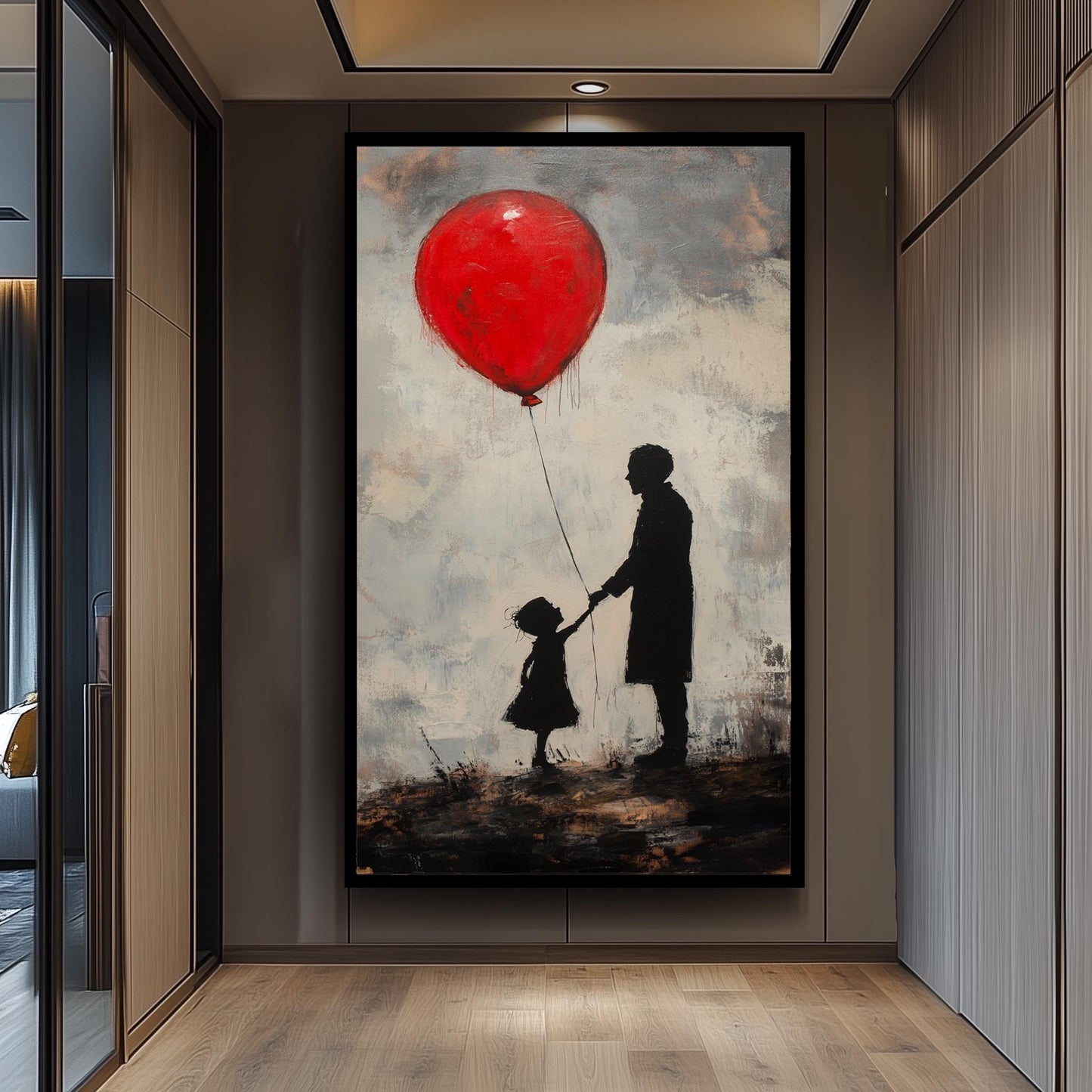 Banksy Inspired Street Art Canvas Print with Red Balloon and Child on Cliff, Modern Surreal Wall Art for Urban Contemporary Decor