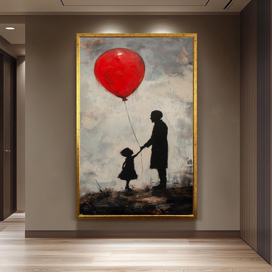 Banksy Inspired Street Art Canvas Print with Red Balloon and Child on Cliff, Modern Surreal Wall Art for Urban Contemporary Decor