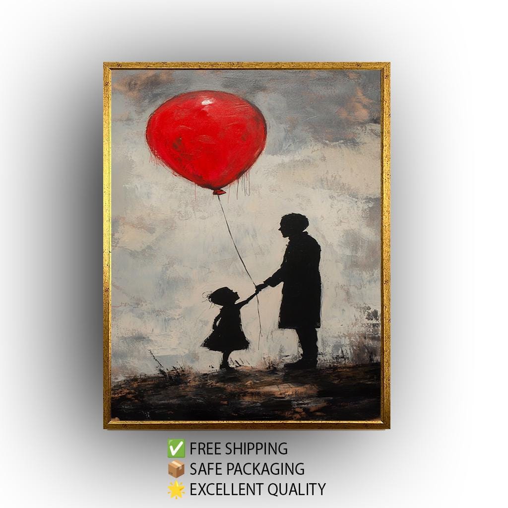 Banksy Inspired Street Art Canvas Print with Red Balloon and Child on Cliff, Modern Surreal Wall Art for Urban Contemporary Decor