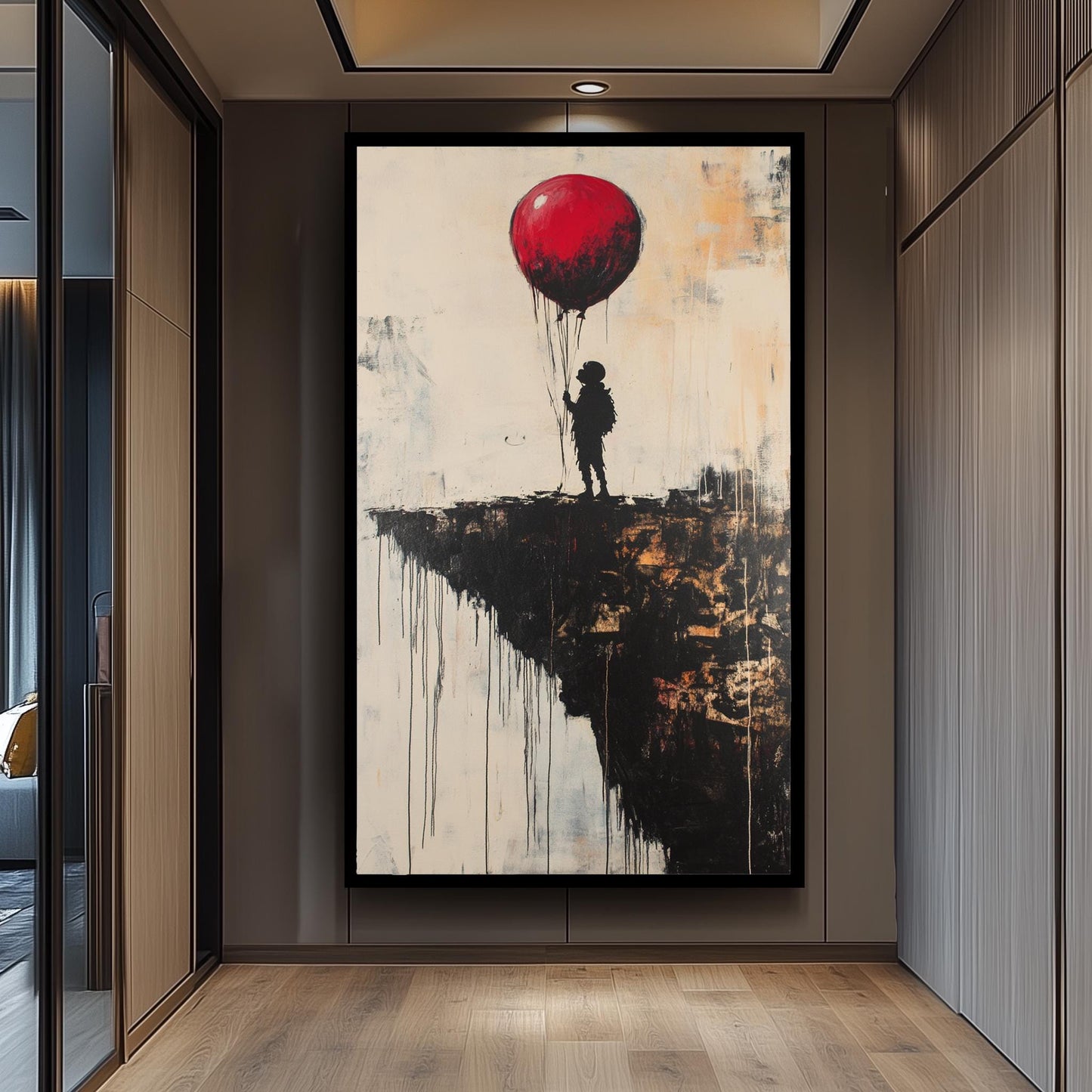 Surreal Banksy Style Wall Art Featuring Red Balloon and Child on Cliff Edge, Modern Urban Graffiti Canvas for Bold Home Décor Banksy Artwork