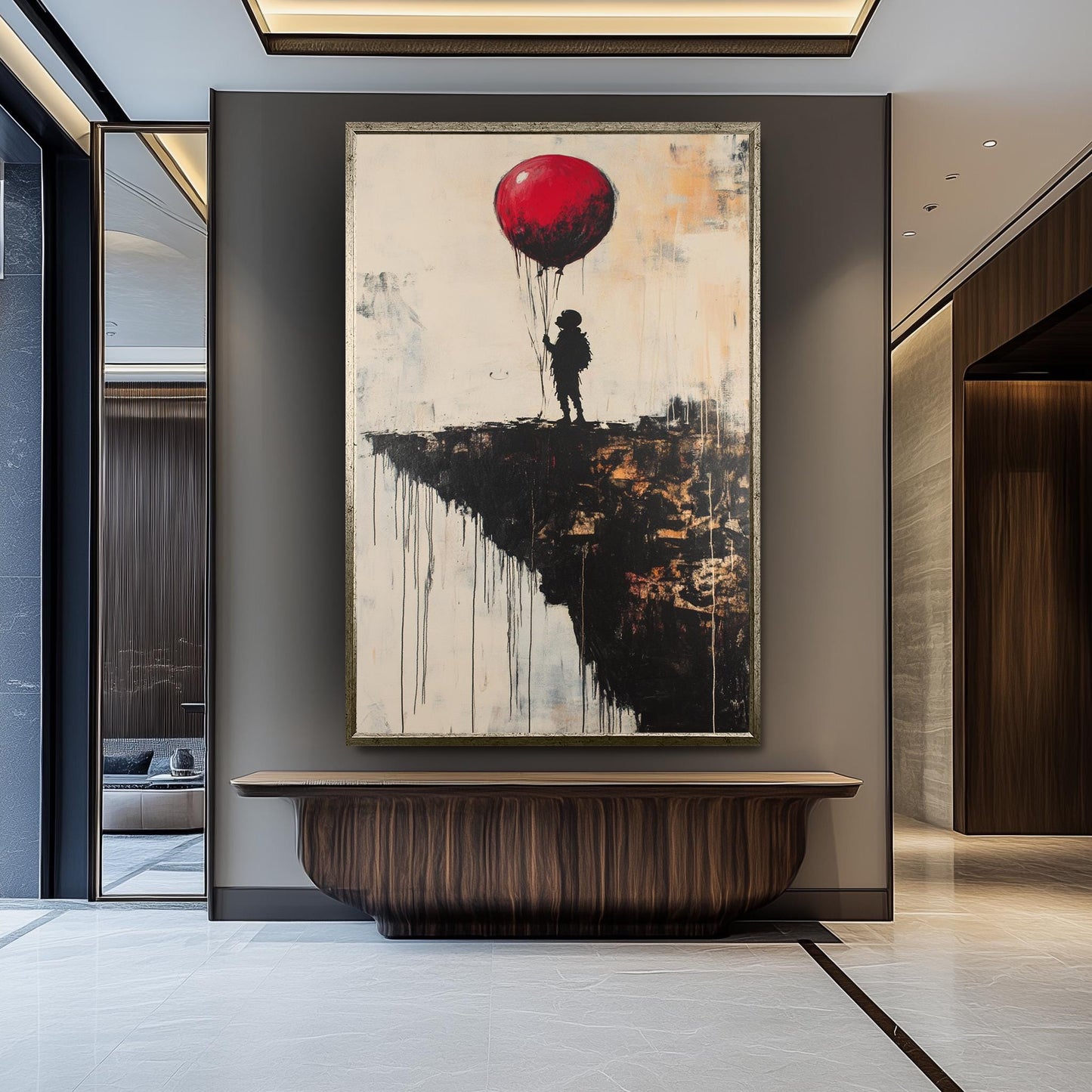 Surreal Banksy Style Wall Art Featuring Red Balloon and Child on Cliff Edge, Modern Urban Graffiti Canvas for Bold Home Décor Banksy Artwork