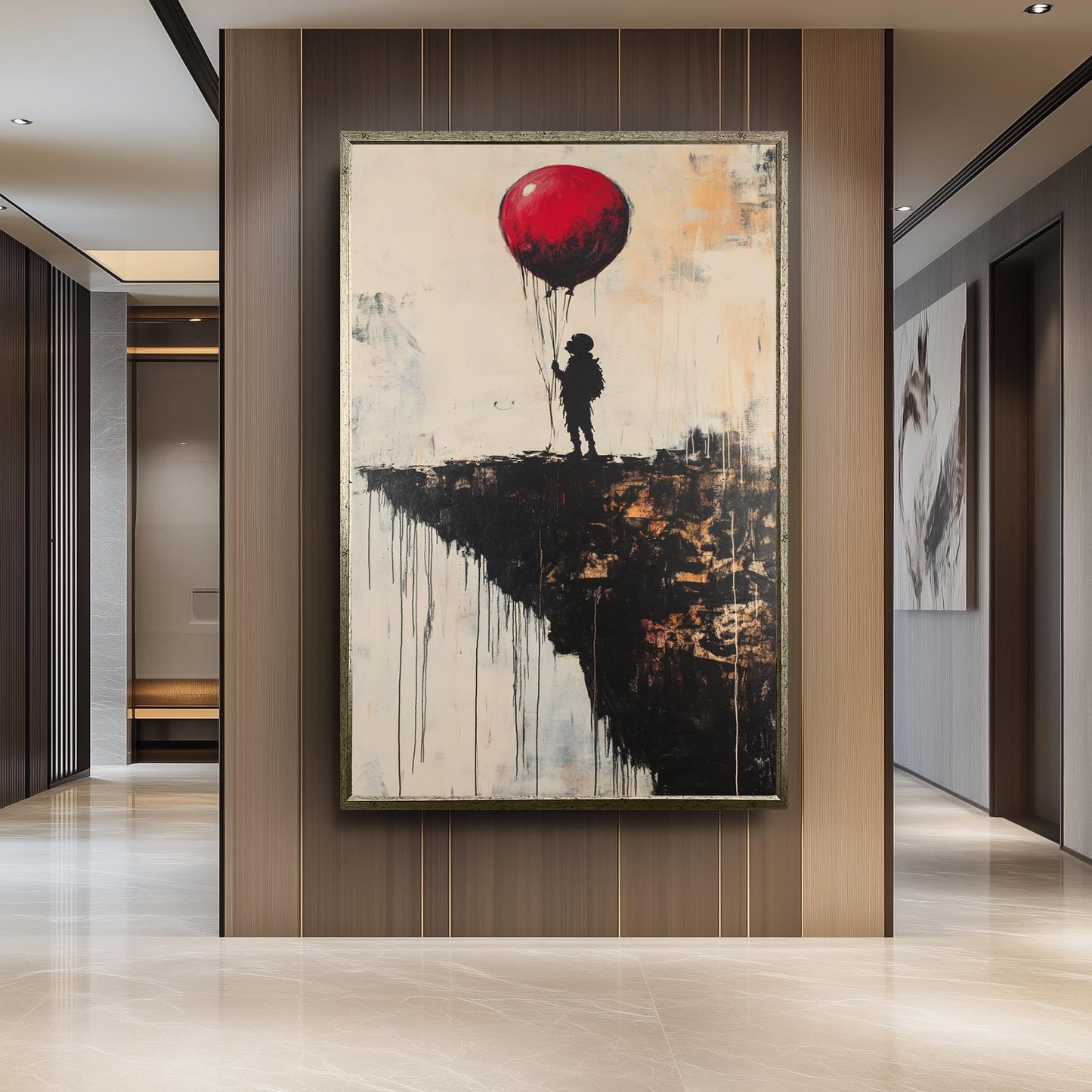Surreal Banksy Style Wall Art Featuring Red Balloon and Child on Cliff Edge, Modern Urban Graffiti Canvas for Bold Home Décor Banksy Artwork