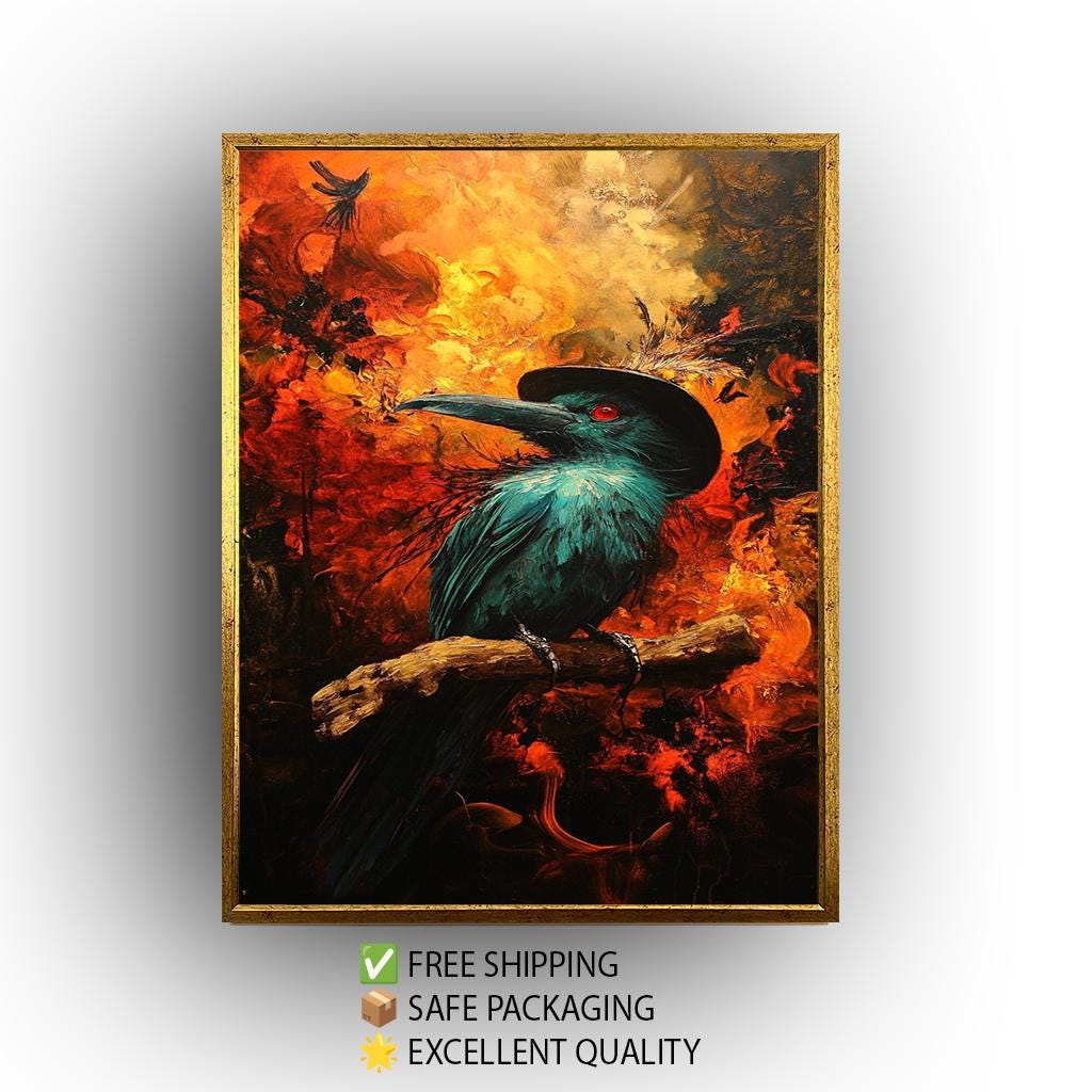 Mysterious Crow Art Print With Fire Background, Dark Fantasy Raven Wall Art, Gothic Bird Poster For Living Room Or Office Decor Crow Artwork