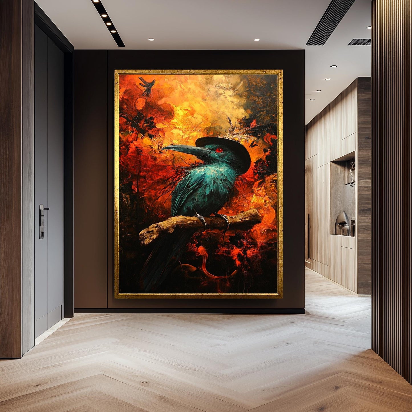 Mysterious Crow Art Print With Fire Background, Dark Fantasy Raven Wall Art, Gothic Bird Poster For Living Room Or Office Decor Crow Artwork