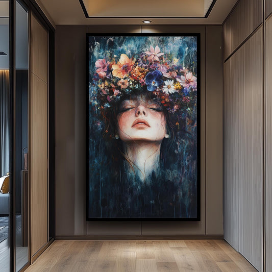 Surreal Woman Portrait: Floral Crown Canvas Art, Boho Home Decor