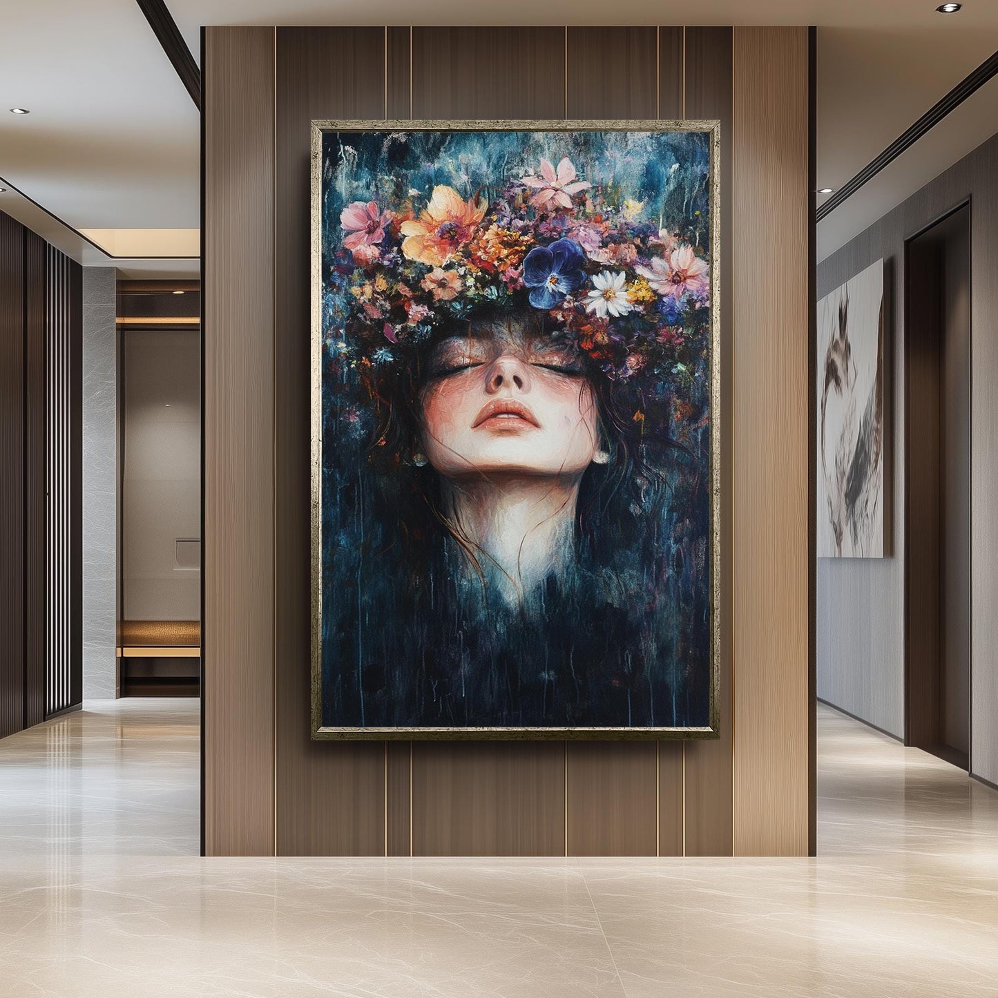 Surreal Woman Portrait: Floral Crown Canvas Art, Boho Home Decor