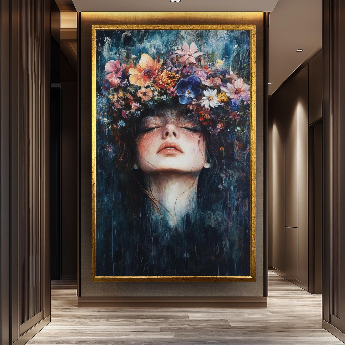Surreal Woman Portrait: Floral Crown Canvas Art, Boho Home Decor