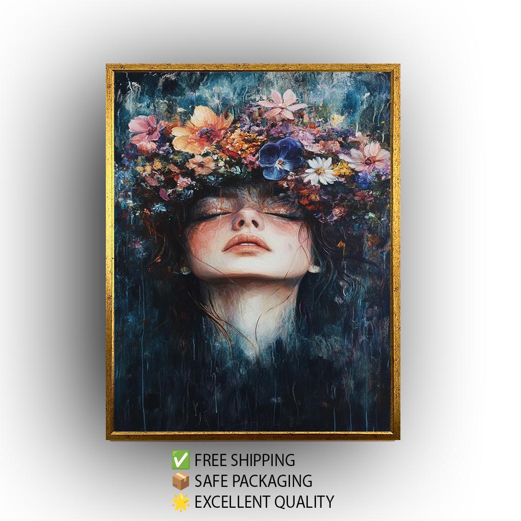 Surreal Woman Portrait: Floral Crown Canvas Art, Boho Home Decor