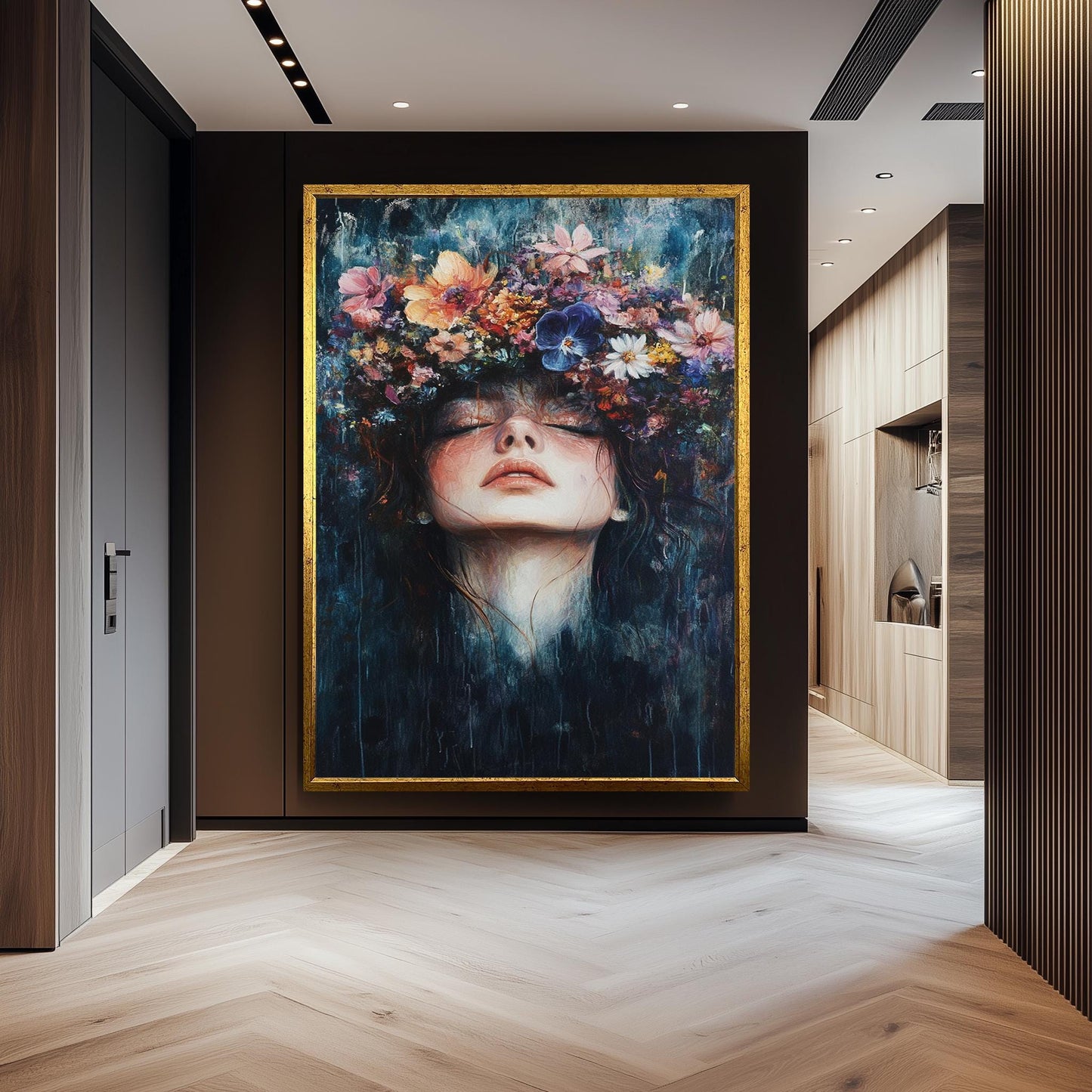Surreal Woman Portrait: Floral Crown Canvas Art, Boho Home Decor