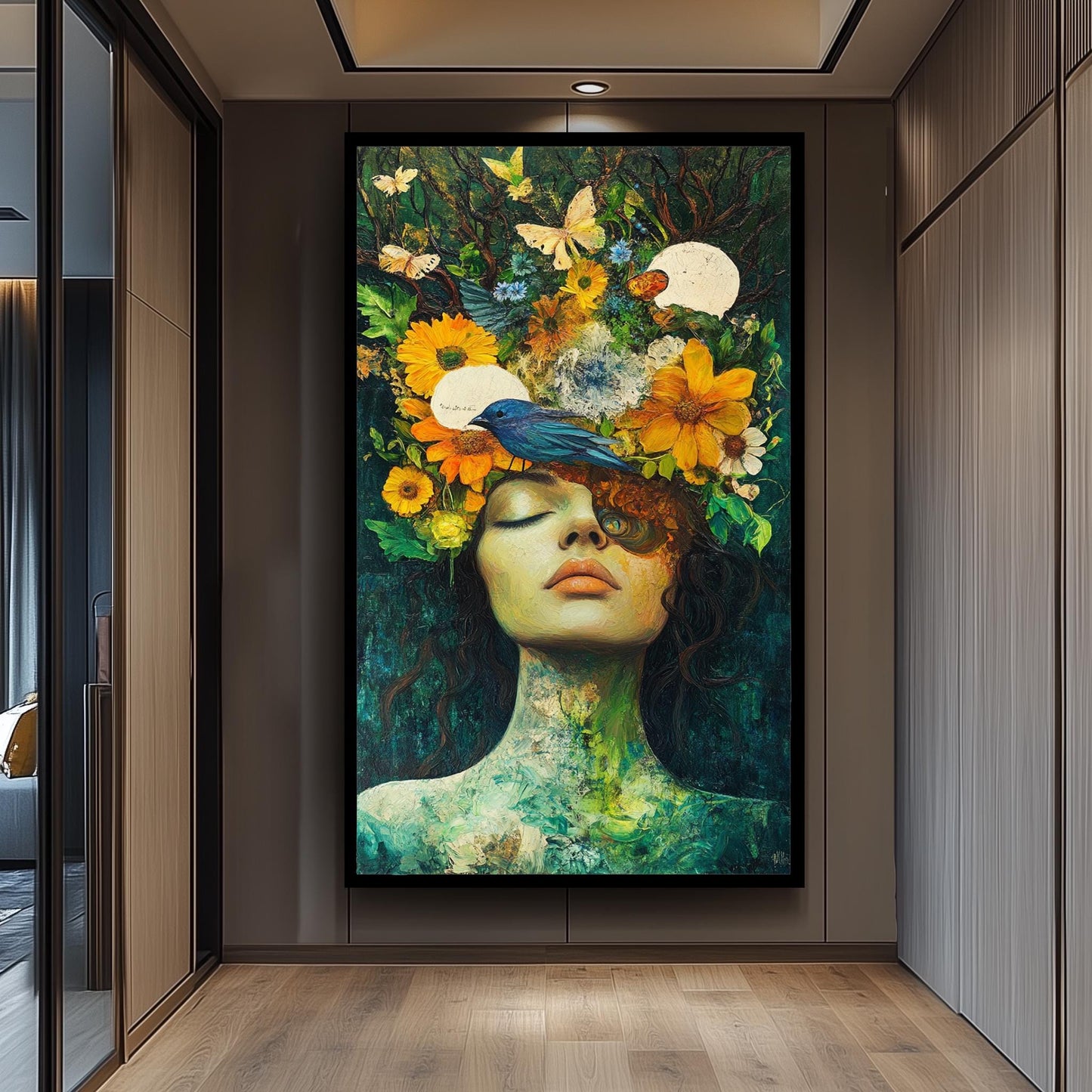 Surreal Woman Portrait With Bird And Flowers Wall Art, Nature Inspired Feminine Fantasy Painting For Whimsical And Boho Home Decor Woman Art