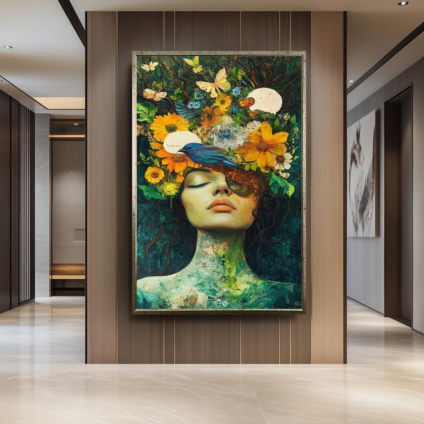 Surreal Woman Portrait With Bird And Flowers Wall Art, Nature Inspired Feminine Fantasy Painting For Whimsical And Boho Home Decor Woman Art