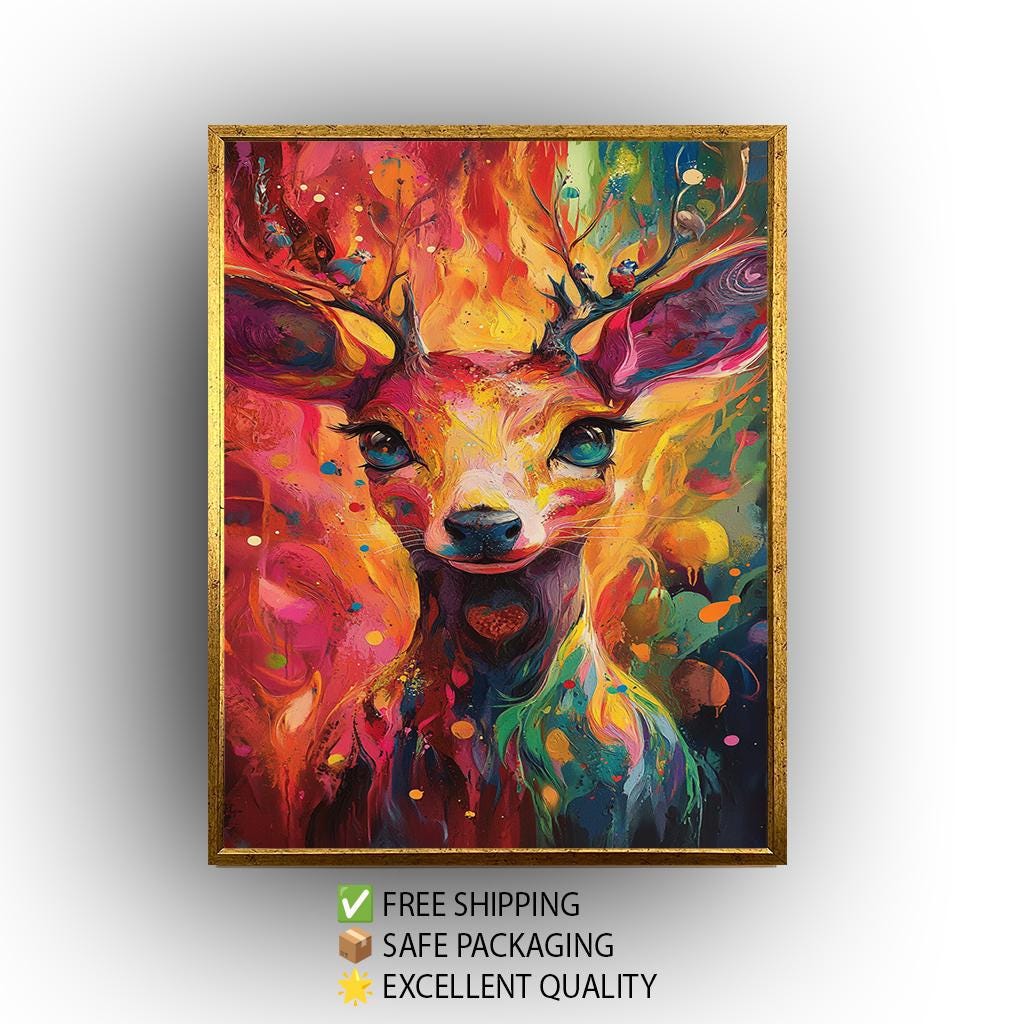Surreal Deer Canvas Art: Abstract Rainbow Animal Print