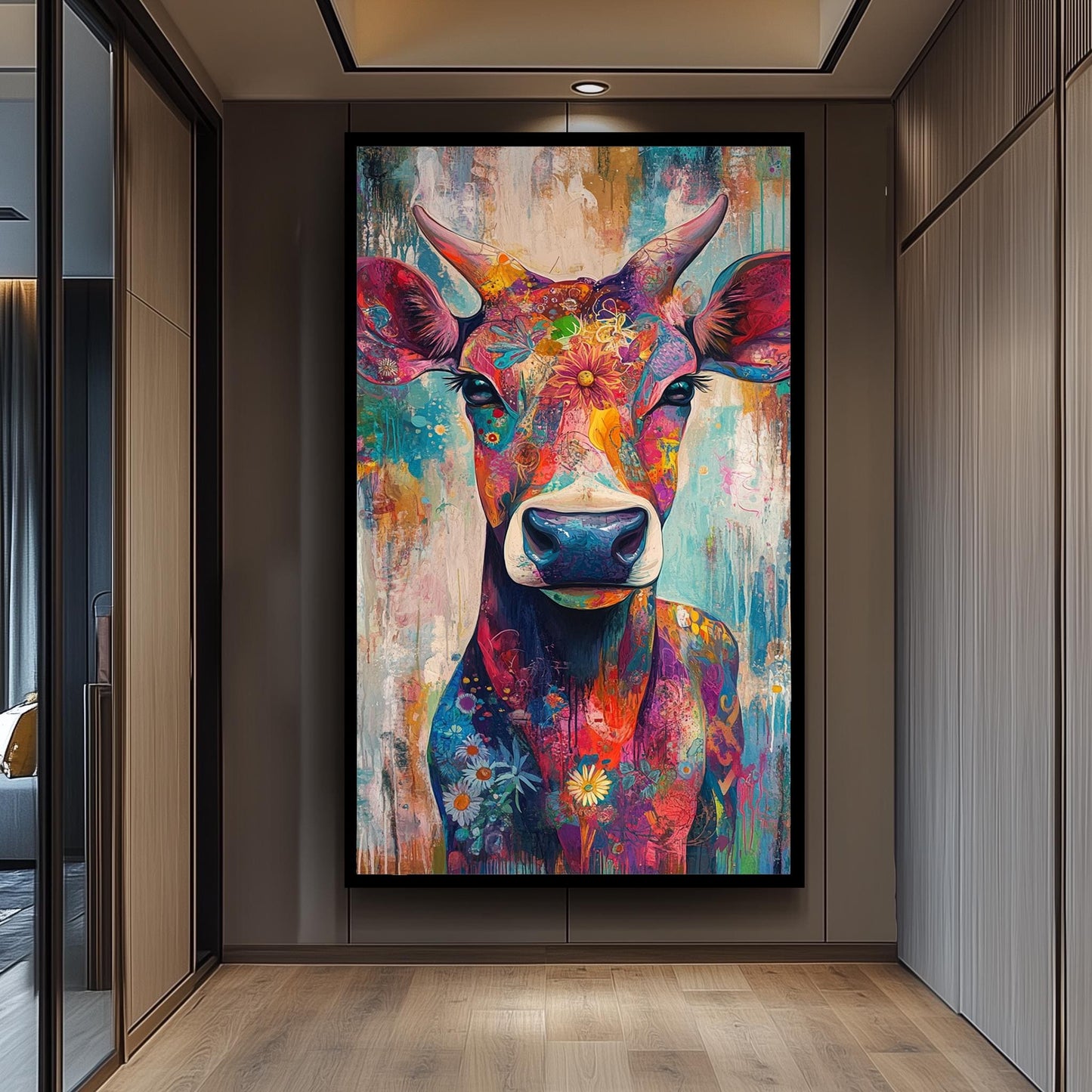 Floral Cow Wall Art: Colorful Farmhouse Animal Print