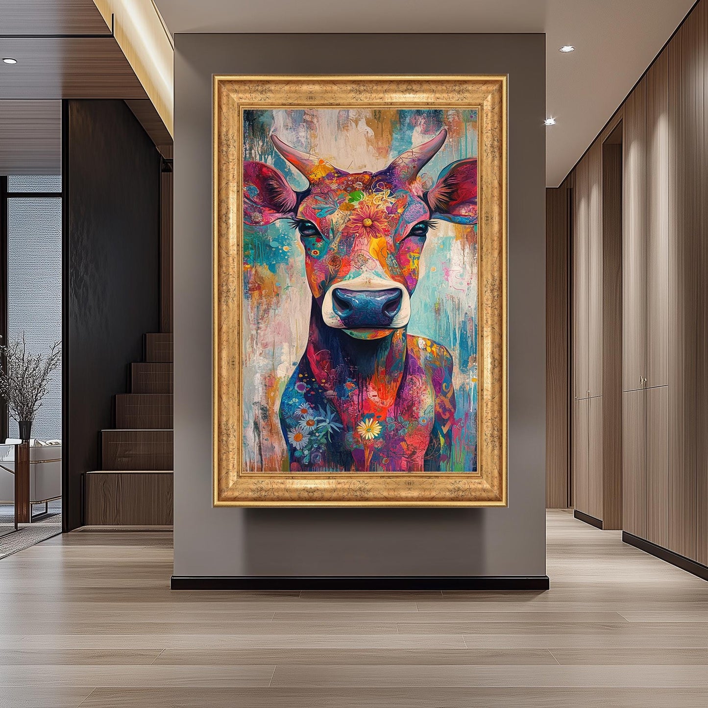 Floral Cow Wall Art: Colorful Farmhouse Animal Print